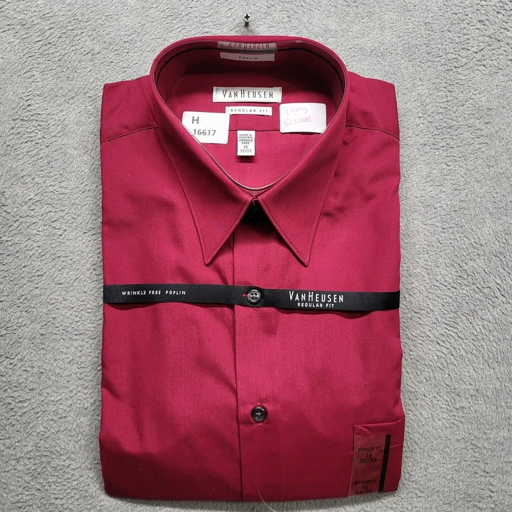 Van Heusen Men Button Up Shirt 16X32 Red Long Sleeve Poplin‎ NWT